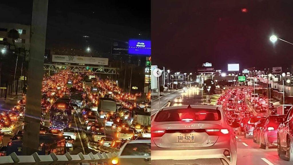 El-colapso-del-transporte-en-el-norte-del-país - Regio Politica Two Nighttime Photos Show Dense, Bumper‑to‑bumper Traffic on a Multilane Road with Many Red Tail Lights. - Regio Politica