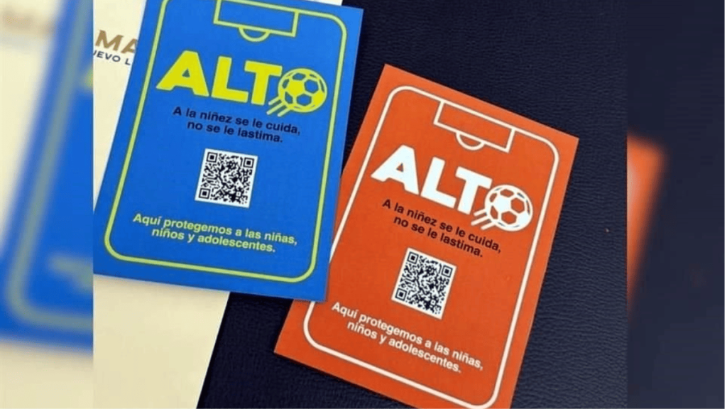 Blue Alto Card with Soccer-ball Logo, Qr Code, and Spanish Message About Protecting Children Under 125 Chars - Regio Politica