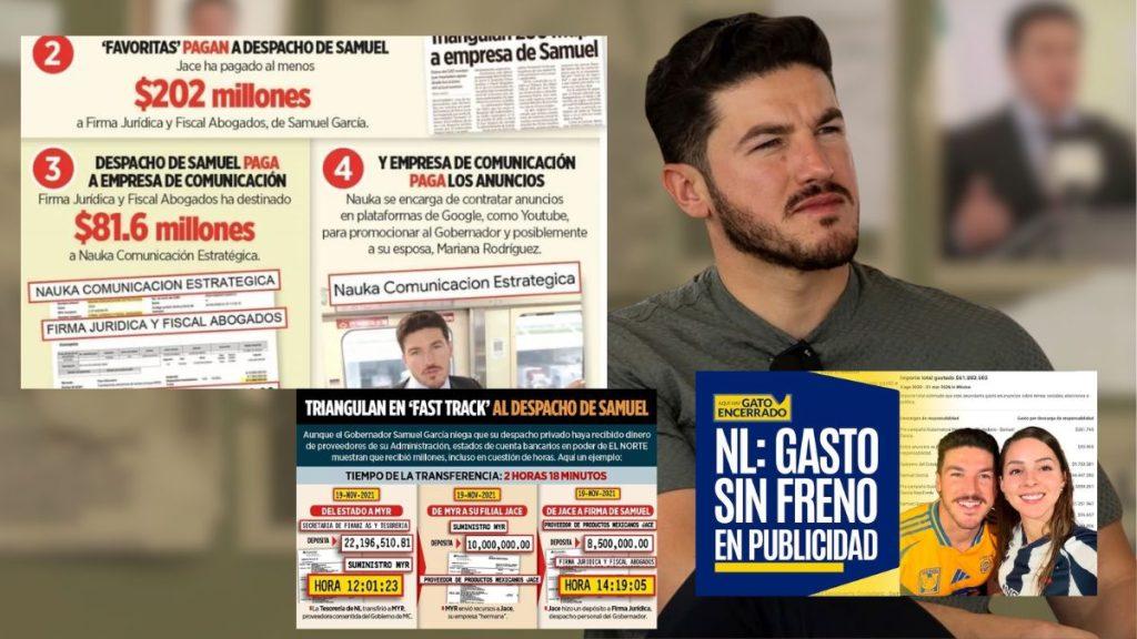 Collage De Recortes Y Carteles Sobre Samuel García Con Montos Millonarios Y Titulares, Y Un Hombre Mirando Hacia Un Lado En El Fondo. - Regio Politica