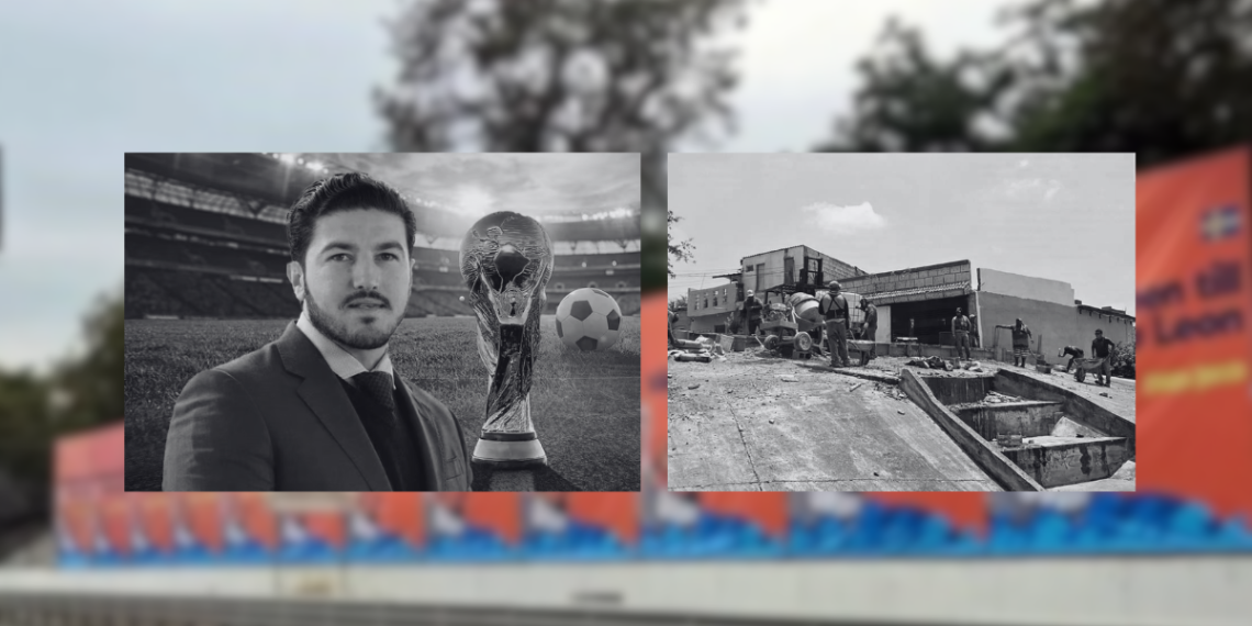 Left: Man in a Suit Posing with a Soccer Trophy in a Stadium; Right: Construction Site with Workers and Heavy Machinery. - Regio Politica