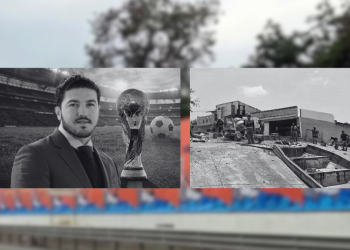 Left: man in a suit posing with a soccer trophy in a stadium; right: construction site with workers and heavy machinery.