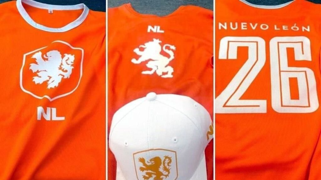 Collage Showing an Orange Netherlands Soccer Jersey with a White Lion Crest, Back View with Nl and a Horse Emblem, and a White Cap with a Small Crest. - Regio Politica
