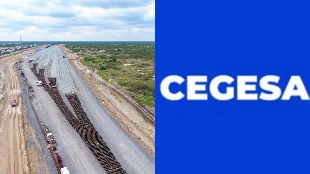 Regio-politica-samuel-garcia-cartel-empresa-cegesajpg - Regio Politica Split Image: Left Shows a Railway Construction Site with Multiple Tracks and Construction Equipment; Right Shows a Blue Panel with the White, Blurred 'cegesa' Logo. - Regio Politica